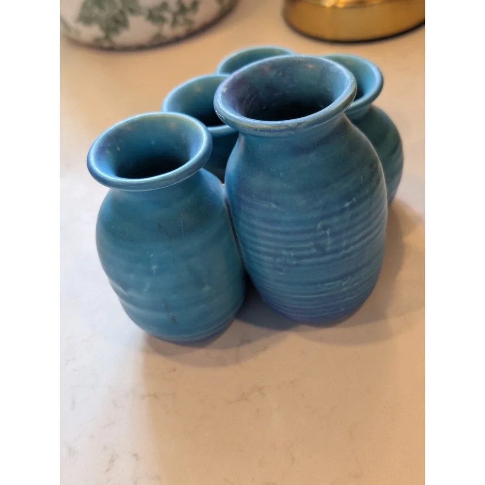 Foxlo Pottery Blue 5-Neck Fused Bud Vase - Studio Stoneware (Repaired)